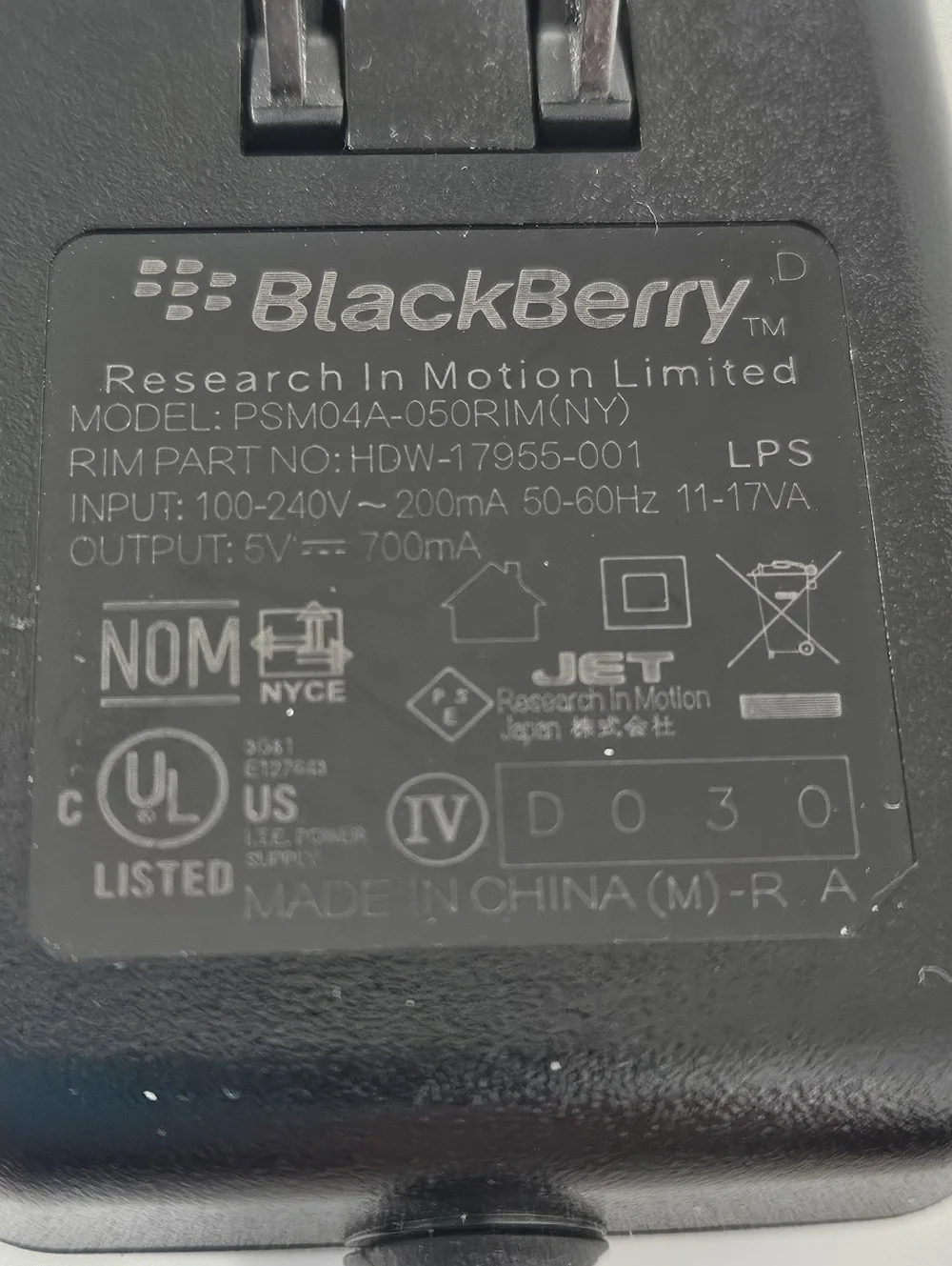 Blackberry Charger Research In Motion Limited Model No. PSM04A-050RIM (NY) with